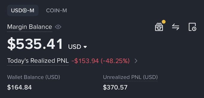 A trading account screenshot showing a margin balance of $535.41 USD on USDⓈ-M, with today's realized PNL at -$153.94 (-48.25%), wallet balance of $164.84, and unrealized PNL of $370.57, illustrating the gradual account growth journey noted in the post.