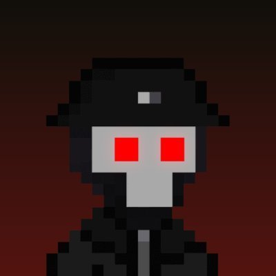 A pixel art character with a black hat and glowing red eyes set against a dark red gradient background.