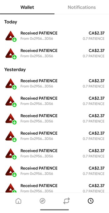A mobile wallet app displays multiple recent transactions showing received PATIENCE tokens valued at CA$2.37 each from address 0x2956...3D56 on both today and yesterday.