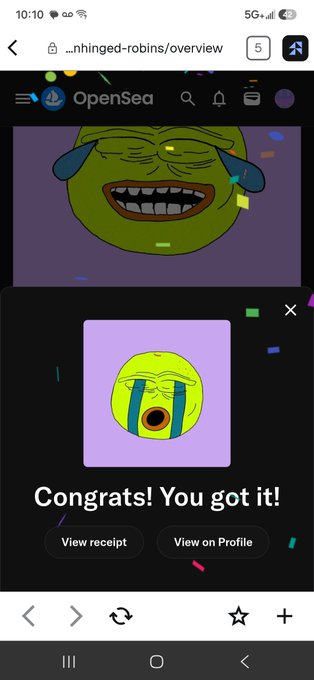 An OpenSea mobile screenshot shows a successful NFT purchase with a crying Pepe-style green character, displaying 'Congrats! You got it!' and 'View receipt' / 'View on Profile' buttons.