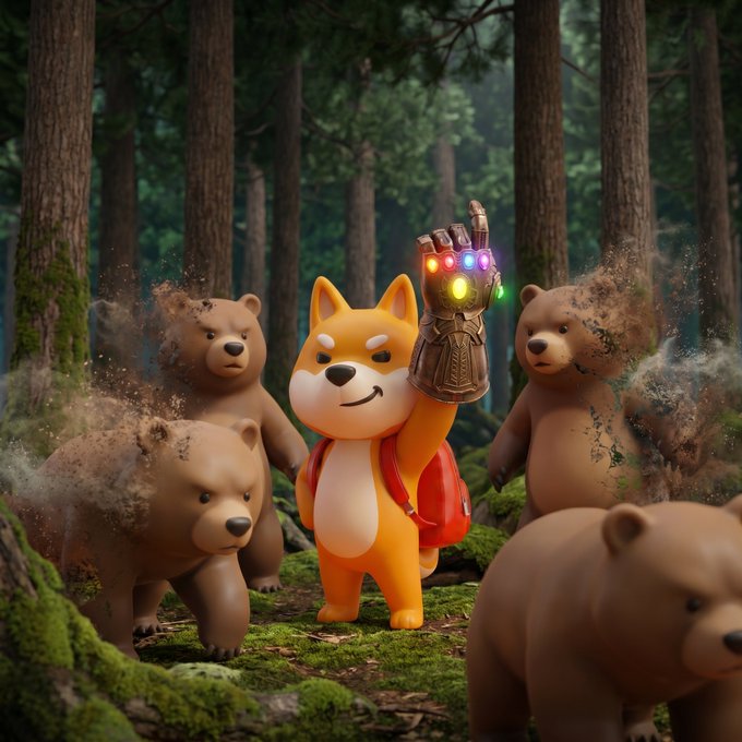 A 3D rendered scene shows a Shiba Inu character wearing the Infinity Gauntlet and a red backpack, standing surrounded by brown bear figures in a forest.