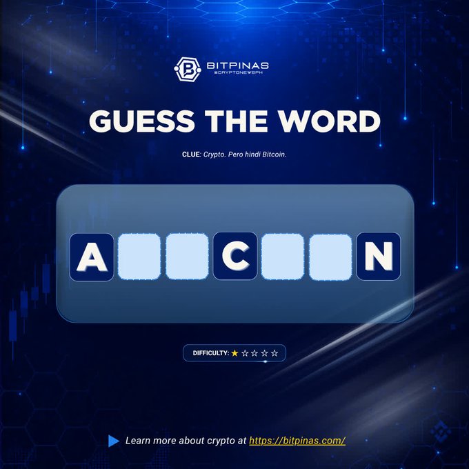 A word puzzle game from BitPinas titled "GUESS THE WORD" with the clue "Crypto. Pero hindi Bitcoin." and letter slots showing "A _ _ C _ _ N" against a dark blue tech-themed background.