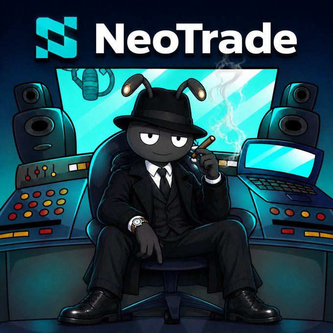 A cartoon mascot of an ant wearing a black suit and fedora smoking a cigar, branded with the NeoTrade logo and set against a tech/streaming studio background.