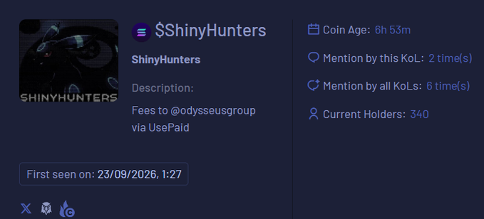 A dashboard screen showing a token called "$ShinyHunters" with a 6h 53m coin age, 340 current holders, and fees going to @odyseusgroup via UsePaid.