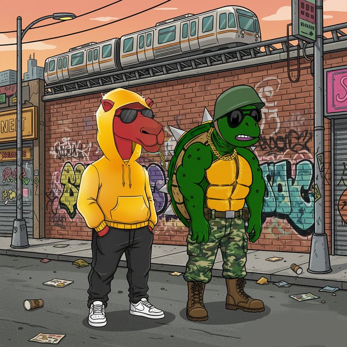 Cartoon illustration of an anthropomorphic Shiba Inu in a yellow hoodie and sunglasses standing next to a muscular turtle in camo pants and a green cap, in a graffiti-covered urban street with a train passing overhead.