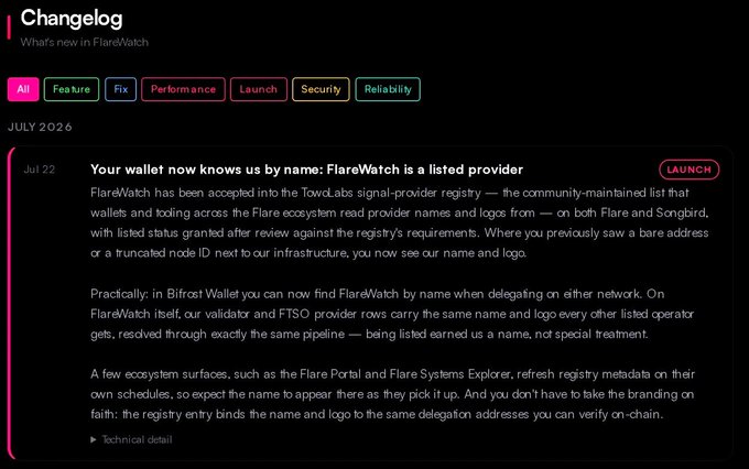 A screenshot of the FlareWatch Changelog page dated July 22, announcing that "FlareWatch is a listed provider" in the Towelabs signal-provider registry, with Bifrost Wallet now showing FlareWatch by name for delegation — matching the post's announcement about direct delegation and staking via Bifrost Wallet.