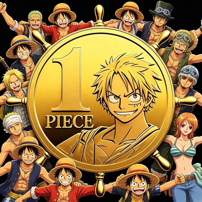 An anime-style illustration features a gold coin with '1 PIECE' surrounded by various One Piece characters including Luffy, Zoro, Nami, and others in cheerful poses.