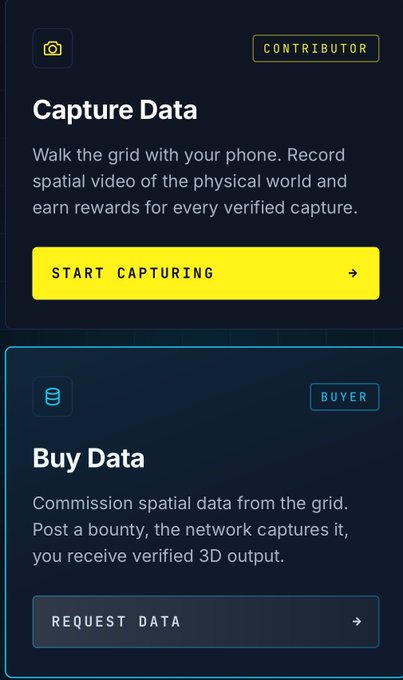 A dark-themed app interface displays two sections: 'Capture Data' for Contributors with a yellow 'Start Capturing' button, and 'Buy Data' for Buyers with a 'Request Data' button.