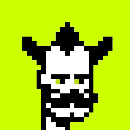 A pixel art style portrait of a figure with black and white features on a bright green background.