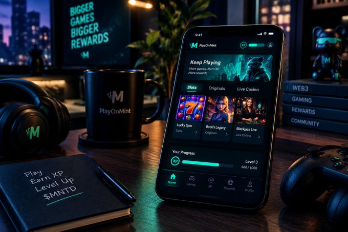 A promotional setup displaying a smartphone running the 'PlayOnMint' app, which shows 'Keep Playing' and 'Lucky Spin' game categories, flanked by branded merchandise like a mug, notebook, headphones, and controller in a dark, neon-lit environment.