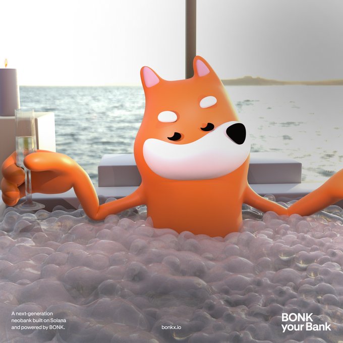An advertisement for BONK, described as 'A next-generation neobank built on Solana and powered by BONK,' featuring an orange cartoon dog mascot relaxing in a bubble bath with champagne by the ocean.