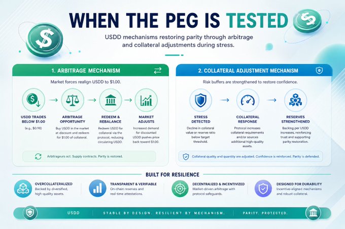 An infographic titled "When the Peg is Tested" explains USDD's dual mechanisms for maintaining its $1.00 peg: an arbitrage mechanism that corrects deviations through market forces, and a collateral adjustment mechanism that reinforces trust via risk buffers and reserves. This visually supports the post's message about USDD providing stability within the TRON ecosystem for payments, trading, and DeFi, with featured highlights of being overcollateralized, transparent, decentralized, and built for resilience.