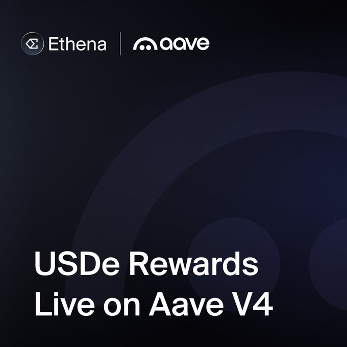 The image is a promotional graphic featuring the Ethena and Aave logos at the top, with the text "USDe Rewards Live on Aave V4" displayed prominently in white against a dark blue background with a subtle circular Ethena logo watermark. The graphic visually announces the partnership between Ethena and Aave, corresponding to the post about USDe rewards being now available in the dedicated Ethena ecosystem market on Aave V4.