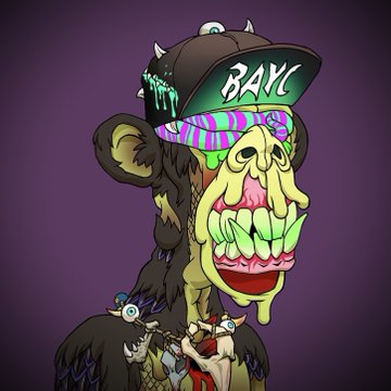 The image features a cartoon monkey wearing a hat with the word "BAYC" written on it, as well as sunglasses and goggles. The monkey has a face painted on it, giving it a unique appearance. The background of the image is purple, which complements the overall design of the cartoon character.