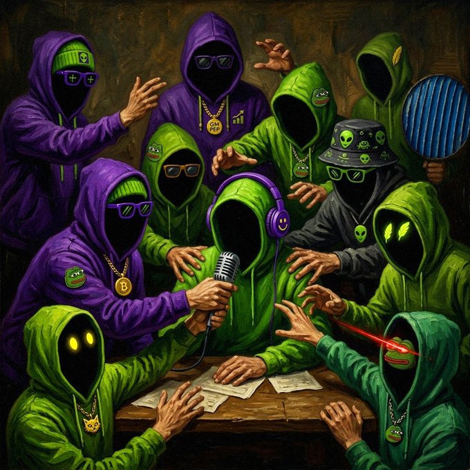 An illustrated painting of hooded figures in purple and green outfits wearing various accessories like sunglasses, headphones, and bucket hats, gathered around a table with a microphone and papers.