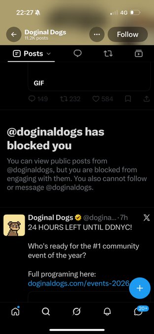 A mobile screenshot of an X (formerly Twitter) profile page for 'Doginal Dogs' (@dogina...) with 11.2K posts, showing a message that '@doginaldogs has blocked you' above a promotional post about 'DDNYC'.