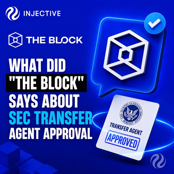 A blue graphic from Injective asking 'WHAT DID "THE BLOCK" SAYS ABOUT SEC TRANSFER AGENT APPROVAL' featuring a 3D The Block logo and an SEC-approved transfer agent stamp.