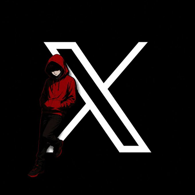 A digital illustration of an anime character wearing a red hoodie and dark pants, leaning against a large white 'X' on a black background.