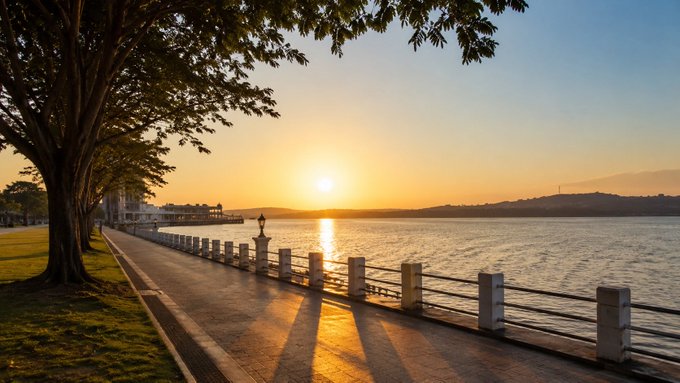 A scenic sunset view over a body of water, featuring a tree-lined promenade with street lamps and a railing casting long shadows.