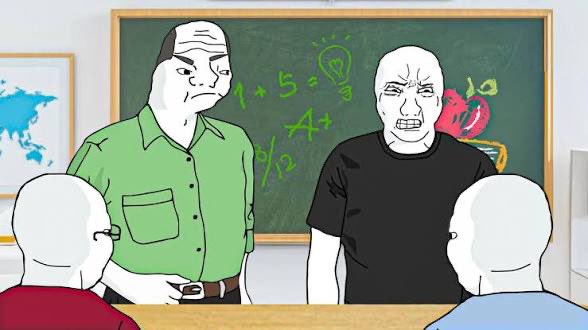 A cartoon illustration shows two angry-looking men standing in front of a chalkboard covered in math equations, while two students watch from the foreground.