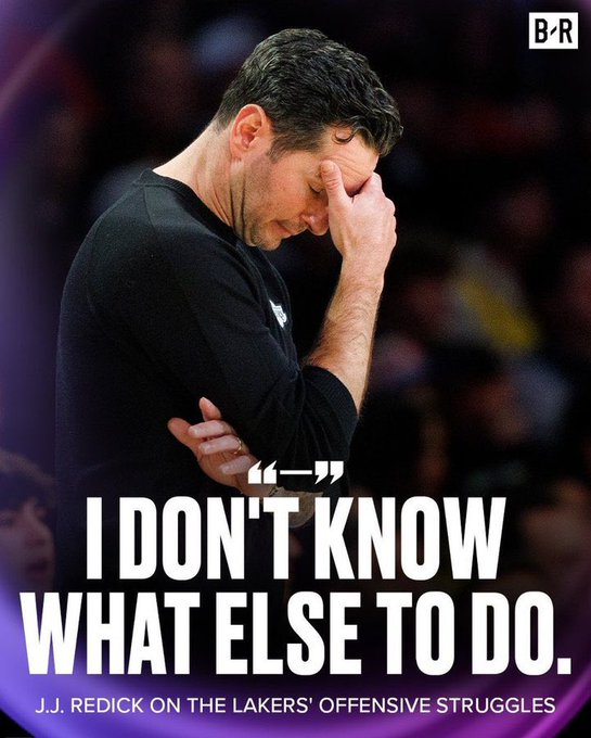 A Bleacher Report graphic showing basketball coach J.J. Redick looking frustrated with his hand on his forehead, captioned "I DON'T KNOW WHAT ELSE TO DO." and "J.J. REDICK ON THE LAKERS' OFFENSIVE STRUGGLES."