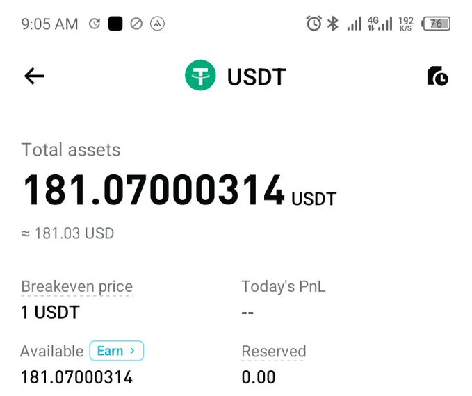 A mobile app screenshot showing USDT (Tether) total assets of 181.07000314 USDT, approximately 181.03 USD, with breakeven price of 1 USDT and available balance matching the total.