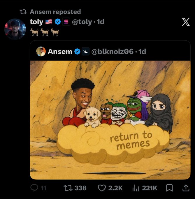 The image shows Ansem (@blknoiz06) reposted by toly (@toly), featuring the classic "return to memes" dragon ball meme with characters including Ansem, a Shiba Inu, a Pepe frog, and others riding a cloud. The meme humorously responds to the post about World (@world_xyz) potentially building a memecoin platform, with the three goat emojis and viral engagement (2.2K likes, 221K views) signaling excitement and validation around this memecoin development.