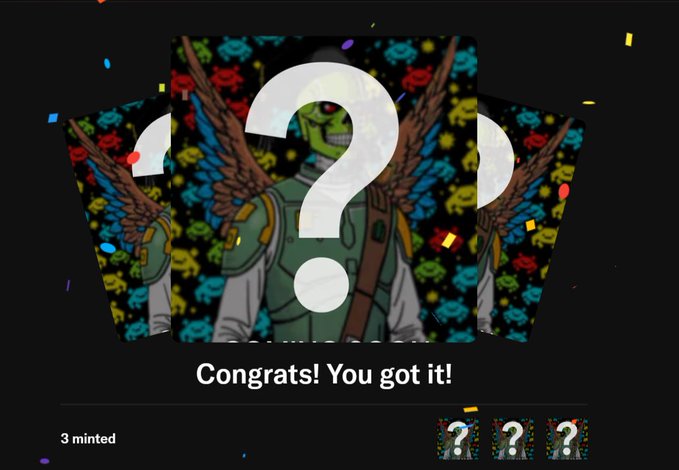 A digital collectible card showing a hooded character with wings against a colorful background, featuring a large question mark and the text 'Congrats! You got it!' with '3 minted' displayed below.