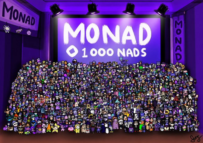 A massive crowd of pixel-art avatars gathers on a stage beneath a vibrant purple "MONAD" sign displaying "◇ 1000 NADS," celebrating the gMonad community of 1,000 members in a fun, theatrical setting that visualizes the group's collective reach.