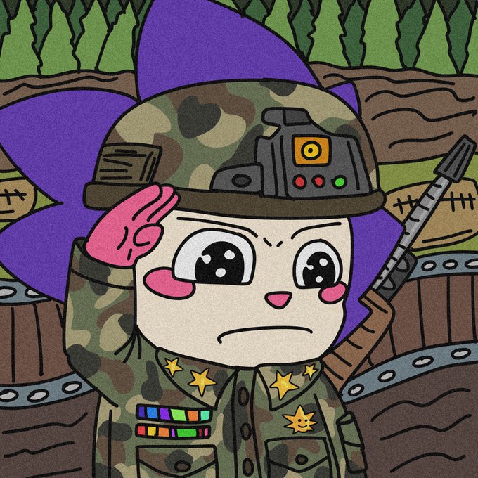 A cute chibi-style cartoon soldier with large purple ears, rosy cheeks, and a determined expression salutes while wearing a camo uniform adorned with gold stars and ribbons, set against a backdrop of sandbags and a forest. The military salute and combat-ready gear visually echo the post's "chog army check-in" theme, reinforcing the call for active participation in the "army."