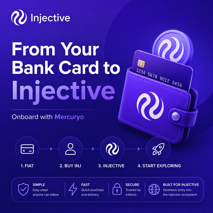 A purple promotional graphic for Injective reads "From Your Bank Card to Injective: Onboard with Mercuryo," showing a 4-step process (FIAT, BUY INJ, INJECTIVE, START EXPLORING) alongside a credit card illustration.