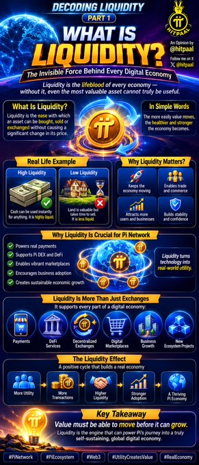 An infographic from @hitpalad titled 'Decoding Liquidity Part 1: What is Liquidity?' explaining liquidity as the lifeblood of the Pi Network economy, with hashtags including #PiNetwork and #UtilityCreatesValue.