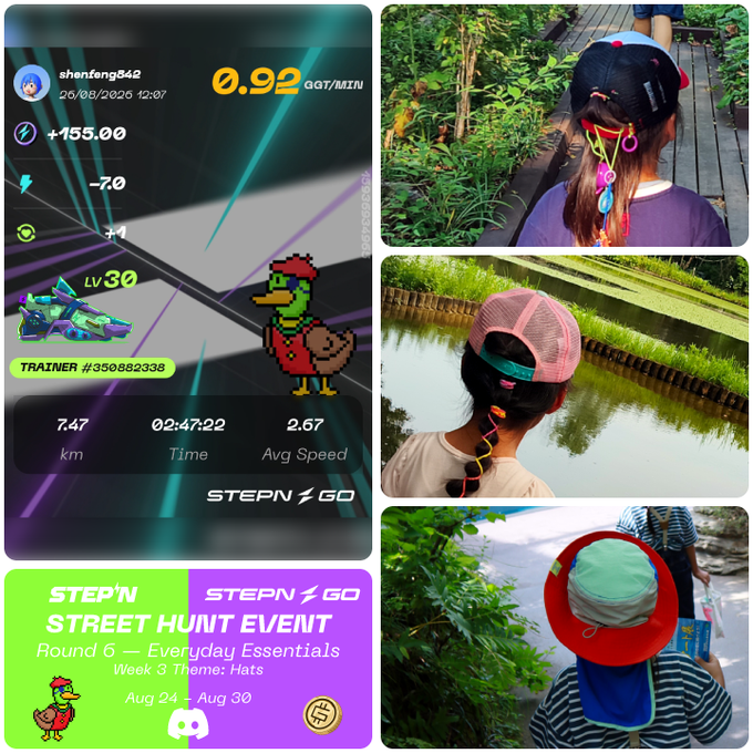 A STEP'N Street Hunt collage by user "shenfeng642" (TRAINER #350882338) showing a 2:47:22 walk covering 7.47 km at 2.67 avg speed, with the weekly "Hats" theme highlighted through photos of people wearing various caps and a chicken mascot avatar.