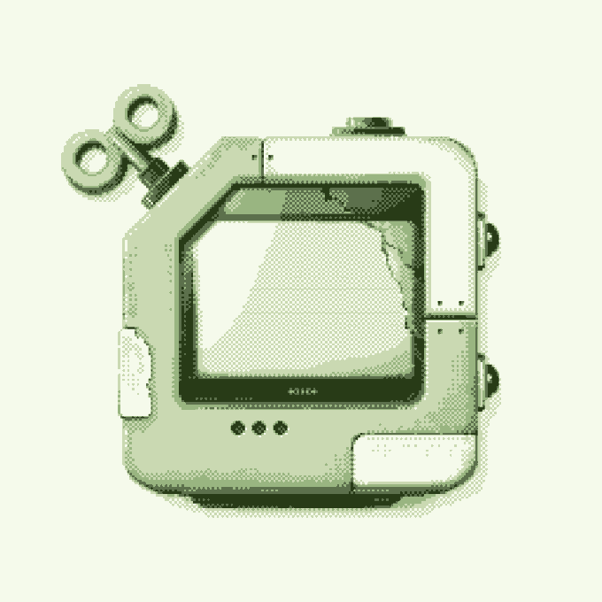 A pixel-art style illustration of a Tamagotchi-like virtual pet device in light green, featuring a wind-up key on the top left and a blank screen.