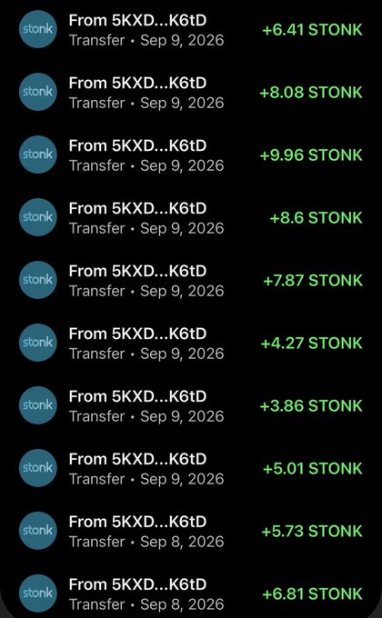 A screenshot of cryptocurrency transfer transactions showing multiple transfers of 'STONK' tokens from the address 5KXD...K6tD on September 8-9, 2026, with amounts ranging from +3.86 to +9.96 STONK.