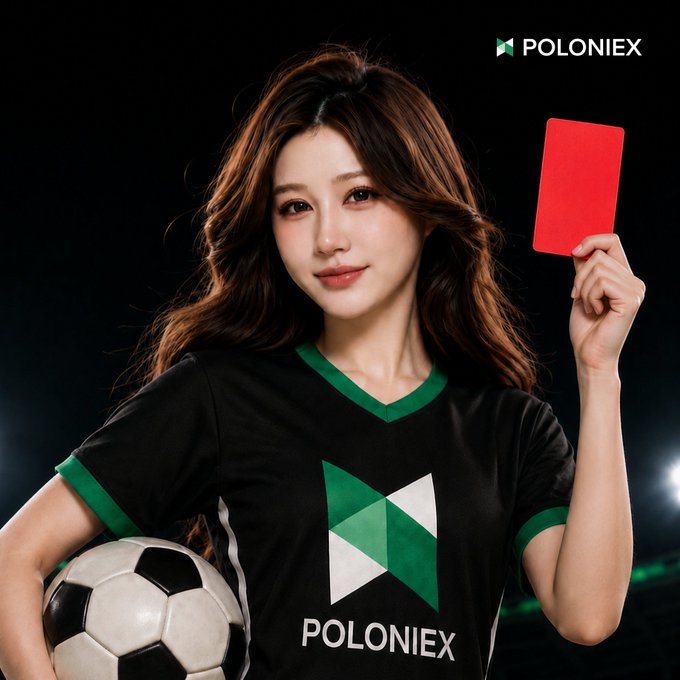 A woman wearing a black and green "POLONIEX" jersey holds up a red card next to a soccer ball, visually mirroring the post's metaphor of penalizing "ref" accounts for spreading FUD before halftime in the market.

Image credit: Poloniex