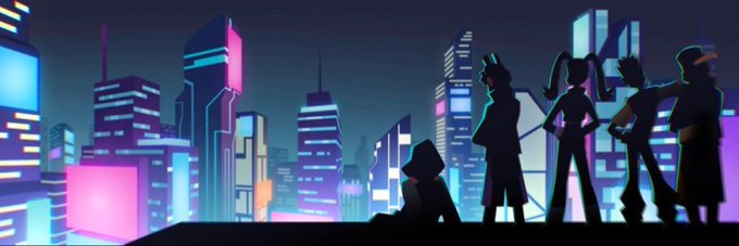 A stylized cyberpunk cityscape at night with silhouetted figures standing on a rooftop, illuminated by neon pink and blue lights from the surrounding skyscrapers.
