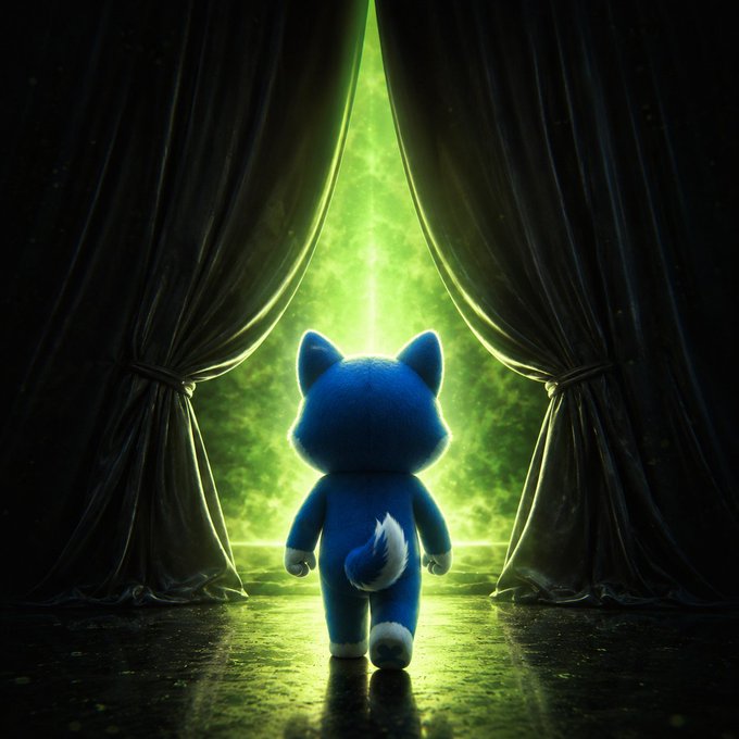 A blue plush fox stands with its back to the viewer, gazing through parted dark curtains into an ethereal green glow. The image mirrors the post's cryptic teaser of something emerging "behind the scenes," with the mystical light symbolizing the anticipation and imminent reveal promised to patient #VINU holders.