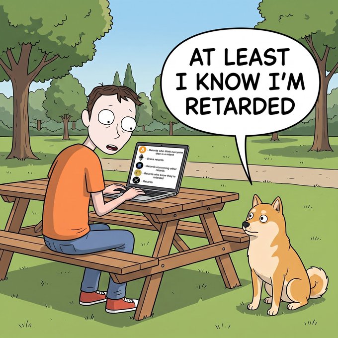 A man sitting at a park picnic table looks shocked while reading Reddit threads about retarding relatable content on his laptop, while a Shiba Inu dog sits beside him saying "AT LEAST I KNOW I'M RETARDED." The image humorously connects to the DogeOS meme coin, using the iconic Shiba Inu mascot to joke about self-aware internet culture and relatable crypto/community humor.