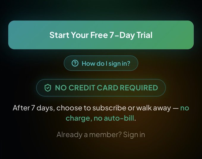 A "Start Your Free 7-Day Trial" button with "No Credit Card Required" and "How do I sign in?" options, promoting a no-charge, no-auto-bill trial for the BodyzenbyBen.com app mentioned in the post.