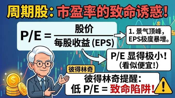 The image, styled like an educational infographic featuring the P/E ratio formula (P/E = Stock Price/EPS), carries the headline "周期股：市盈率的致命诱惑！" (Cyclical Stocks: The Deadly Temptation of P/E Ratios!) and warns through a Peter Lynch quote that "低P/E = 致命陷阱!" (Low P/E = A Deadly Trap!), visually cautioning investors against being lured into cyclical stocks at peak earnings. This aligns with the post's claim that the current storage sector still has a long cyclical runway ahead, implying that seemingly cheap valuations during a peak should not fool long-term investors, as EPS is likely to reverse and the P/E ratio will expand.