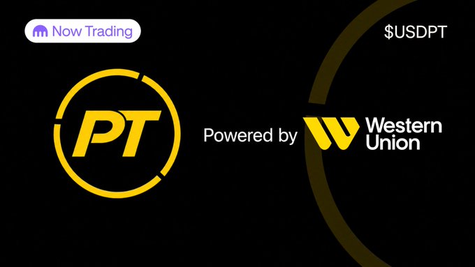 A promotional graphic announcing "Now Trading" for the $USDT stablecoin (USDPT), featuring a yellow "PT" logo alongside text stating "Powered by Western Union," highlighting the partnership between the new USDPT token and Western Union's remittance network.