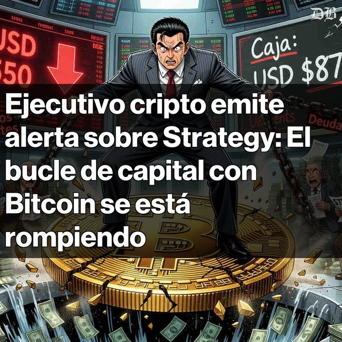 The image features an illustration of a man dressed in a suit, standing atop a gold coin with a Bitcoin symbol on it. The text above him reads "Ejecutivocripto emite: La tensión en Strategy está alcanzando niveles críticos Jeff Dorman, director de inversiones de Arca, advierte sobre problemas financieros serios en Strategy". This image is related to a post that says "Ejecutivocripto emite: La tensión en Strategy está alcanzando niveles críticos Jeff Dorman, director de inversiones de Arca, advierte sobre problemas financieros serios en Strategy". The Bitcoin symbol on the coin represents a cryptocurrency.