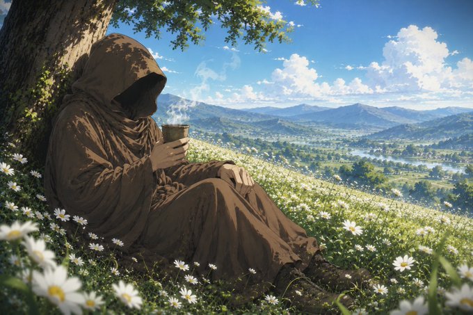 A hooded figure in brown robes sits under a tree beside a daisy-filled meadow, holding a steaming cup while overlooking a vast mountain valley.