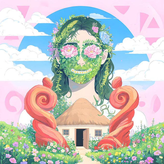 A whimsical digital illustration of a woman whose face is made of flowers and foliage, with swirling pink hair, set against a pastel sky above a thatched cottage in a flower field.