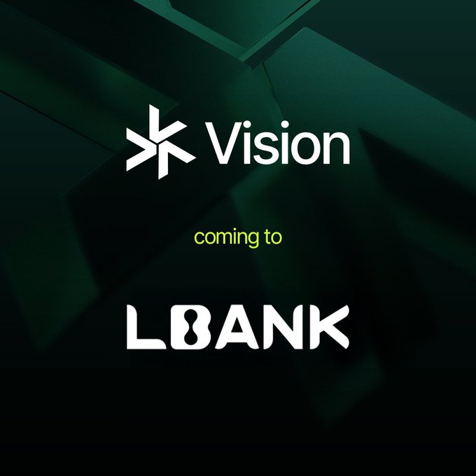 A dark green promotional graphic featuring the "Vision" logo with a starburst symbol above "coming to" in green text and "LBANK" in large white stylized lettering, announcing the Vision (VSN) token listing on LBank Exchange.