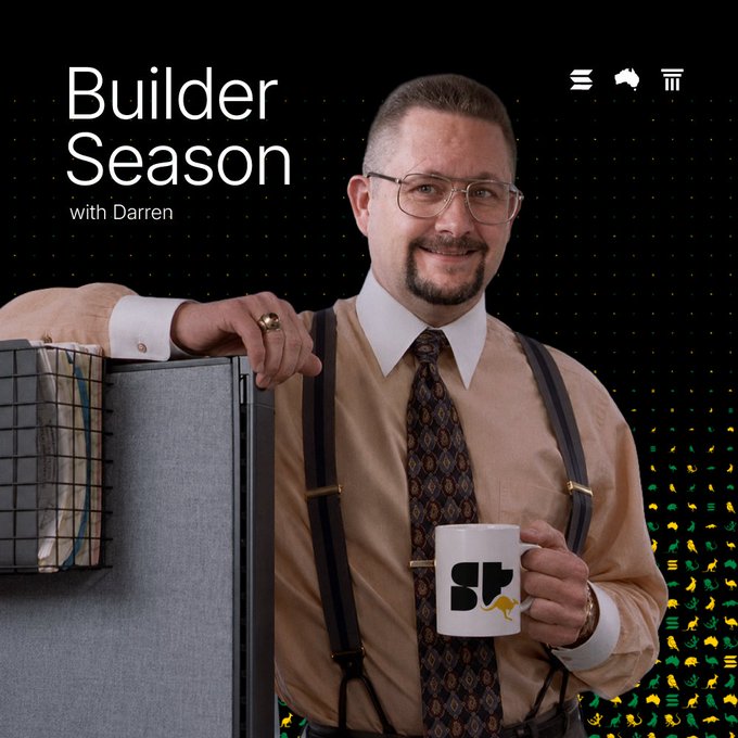 A promotional graphic titled "Builder Season with Darren" featuring a smiling man in glasses, suspenders, and a patterned tie holding a mug with an Australian map logo, set against a black background with pixel-art icons.