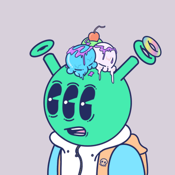 A green alien-like cartoon character with antennae, featuring two melting ice cream scoops (blue and white) topped with a cherry on its head, set against a light purple background.