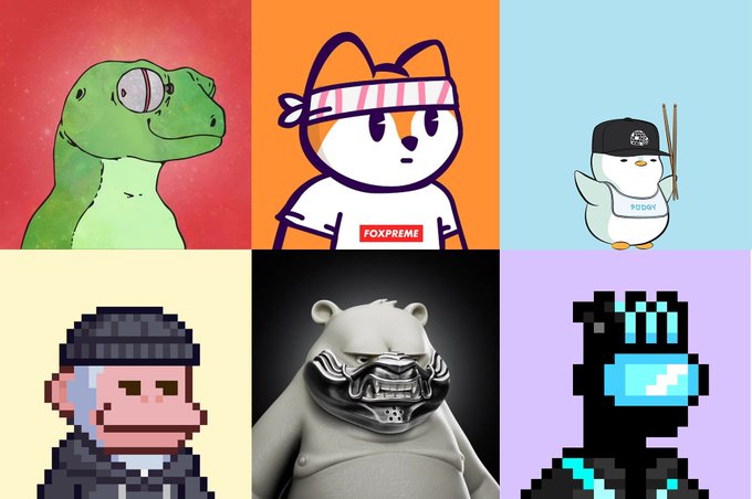 A collage of six popular NFT and meme characters including a green dinosaur, a Shiba dog wearing a "FOXPREME" headband, a penguin with drumsticks, a pixel art character, a bear wearing a mask, and a pixelated cyan figure.