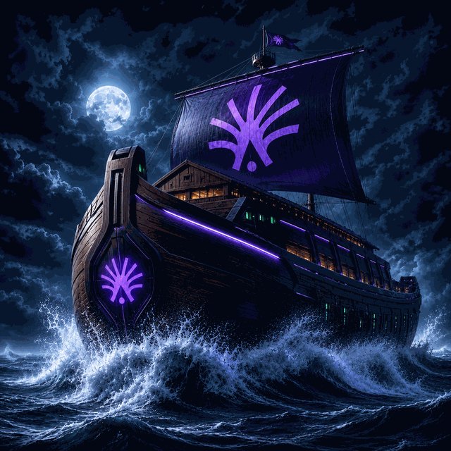 The image features a ship sailing through rough waters under a dark sky with a full moon visible in the background, creating an atmospheric scene. The ship has purple sails that stand out against the night sky, adding a unique visual element to the composition.